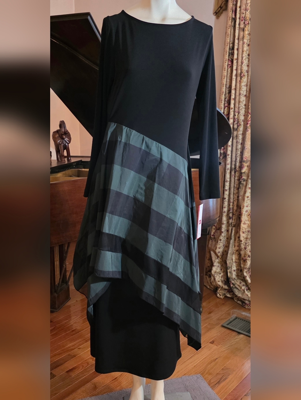 Black Dress with Asymmetric Green & Black Striped Overlay